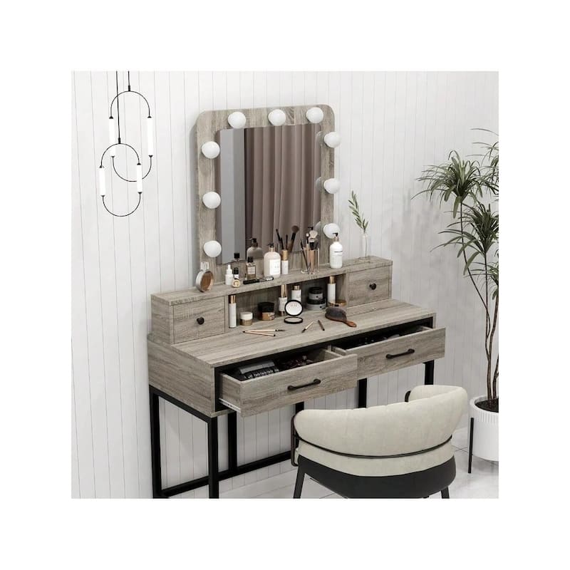 Sunvivi Makeup Vanity With 3 Color Dimmable Lighted Hollywood Mirror