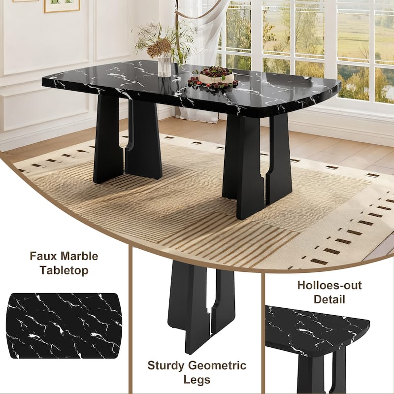 Roomfitters 63 Inch Faux Marble Dining Table, Modern Kitchen Table with Geometric Base, Large Rectangular Table