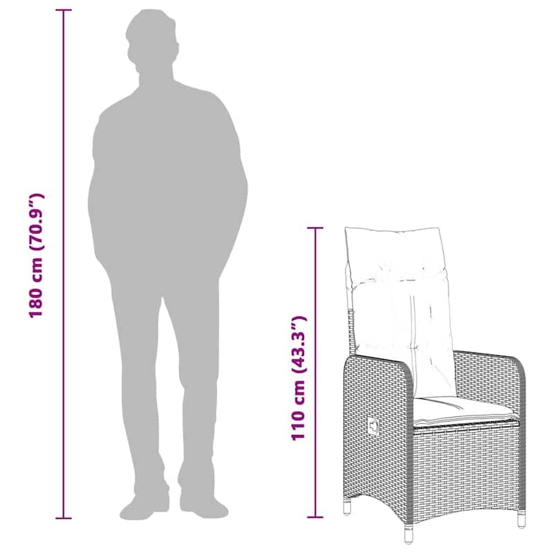 vidaXL Bistro Set Black PE Rattan 8-seater Adjustable Armrests - 23.0 x 21.5 x 36.2 in