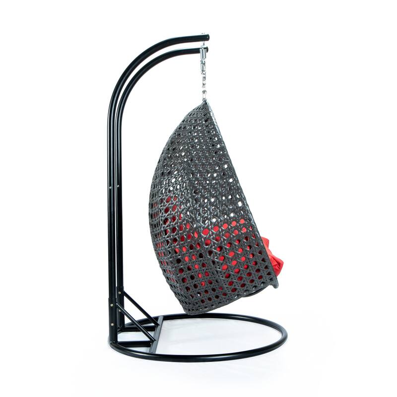 LeisureMod 2-Person Hanging Egg Swing Chair with Metal Stand - Handcrafted Charcoal Wicker, Patio Hammock Lounger with Cushions