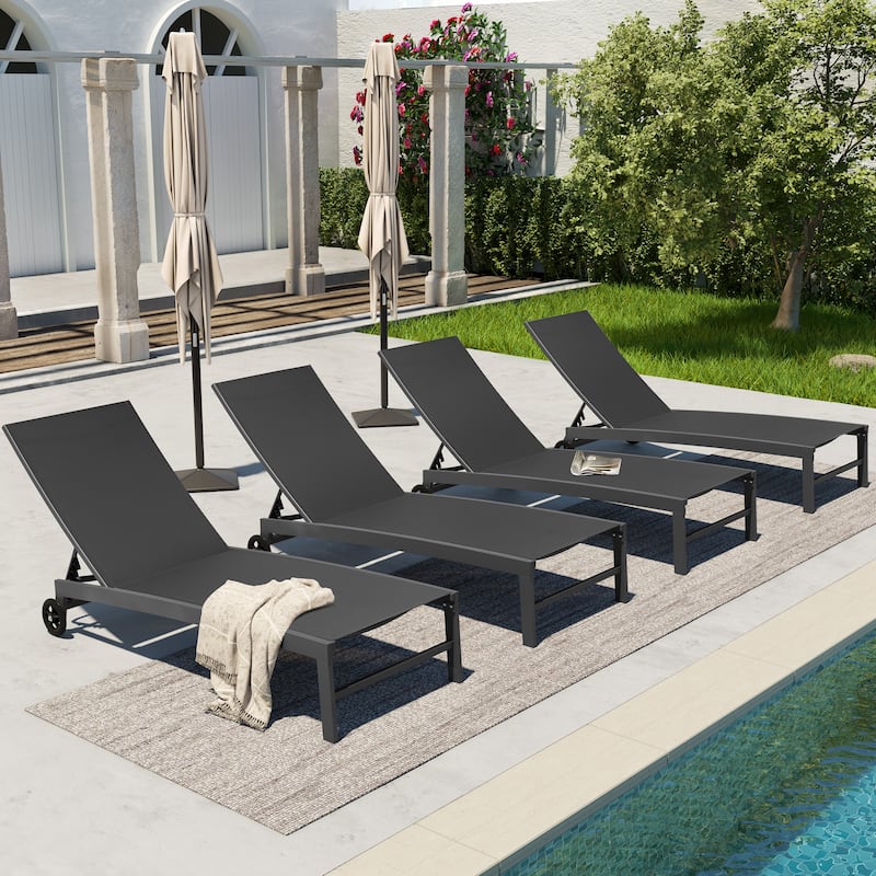 Outdoor Aluminum Adjustable Patio Chaise Lounge Chair Recliner with Wheels - Black-4PC