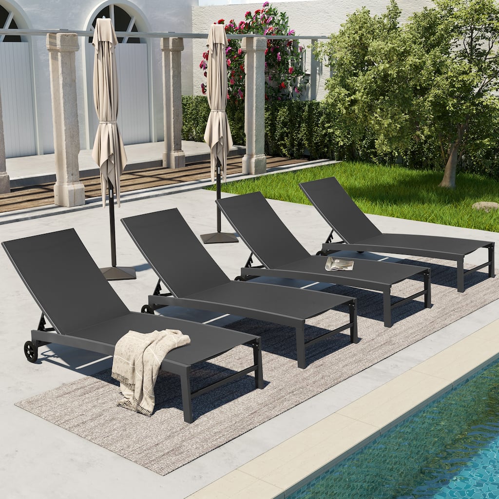 Outdoor Aluminum Adjustable Patio Chaise Lounge Chair Recliner with Wheels