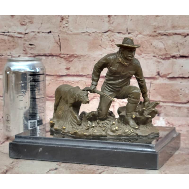 Hunter With Imitative Dog Bronze Sculpture - Wildlife Hunting Scene Art By Milo