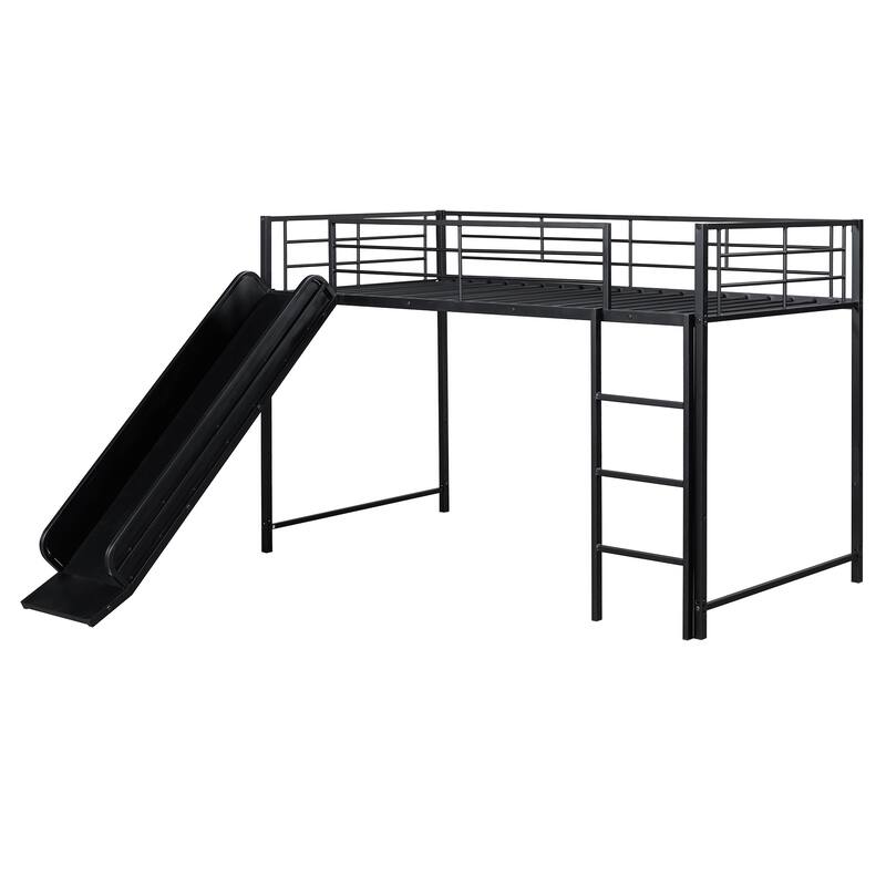 Twin over Twin Metal Bunk Bed with Slide, Guardrails, and Convertible Loft Design, Black