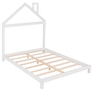 Wooden Full Size Platform Bed Frame, Modern Full Kids Bed Frame with House-shaped Headboard, Solid Wood Full Bedframe