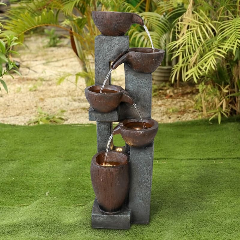 5-Tier Outdoor Water Garden Fountains with LED Lighting for Patio