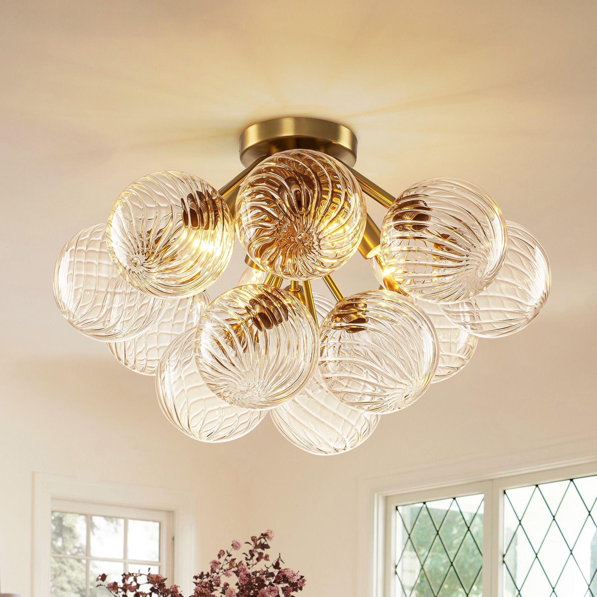 Rennnsan 4-Light Modern Luxury Brushed Brass Iron & Textured Glass Globe Flush Mount Ceiling lighting for Living & Dining Areas