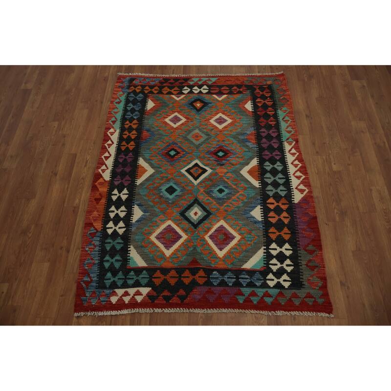 Hand Woven Oriental 100% Wool Carpet Southwestern Geometric Greys & Charcoal Kilim Area Rug - 4' 11'' X 3' 9''