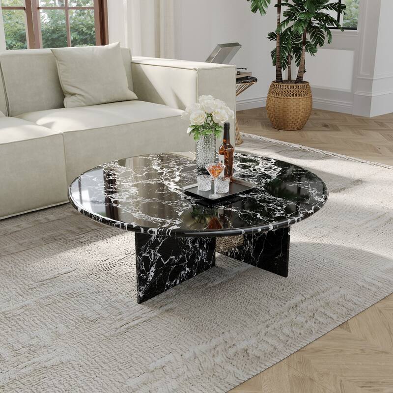 35.43"Modern Round Coffee Table,Glossy Faux Marble Table top
