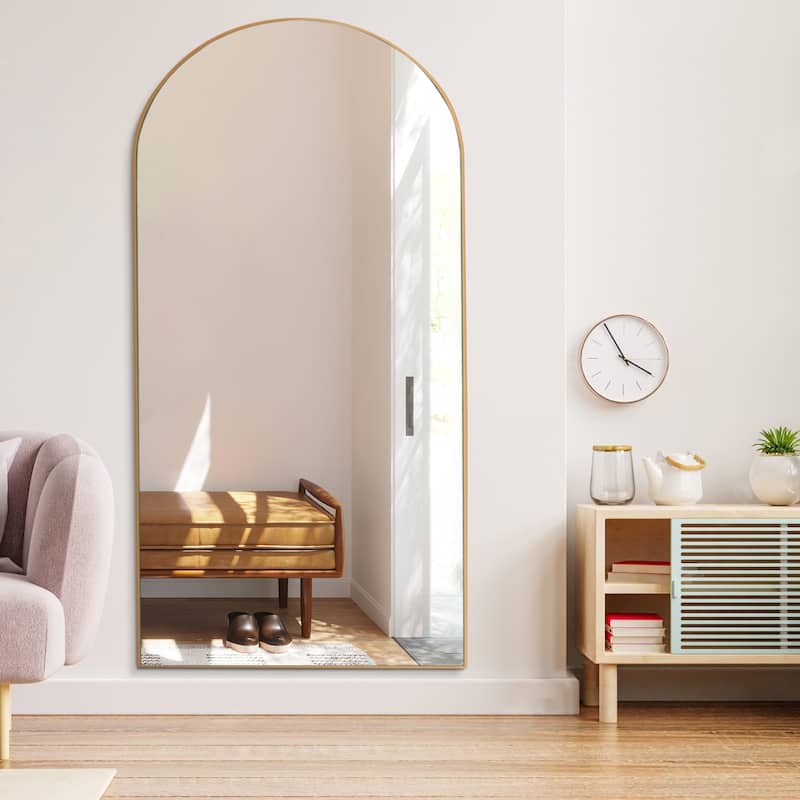 Arched Floor Mirror With Stand,Wood Frame Full Length Mirror,Wall-Mounted Mirror