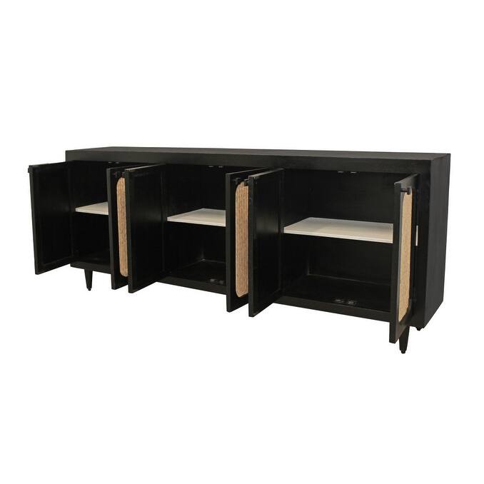 HomeRoots 94" Black Distressed Solid Wood Sideboard with Six Doors - 94.00 in. x 38.00 in. x 18.00 in.