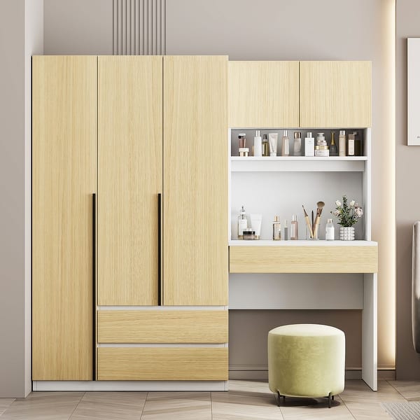 slide 2 of 12, 3-Door Wooden Storage Desk Wardrobe for Bedroom with Shelves and 3 Drawers Natural