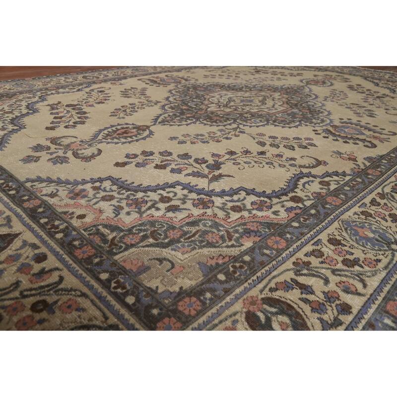 Tabriz Persian Vintage Rug Hand-Knotted Traditional Beige Wool Carpet - 7'8" x 11'2"