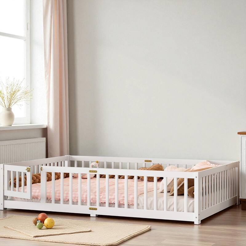 Twin/Full/Queen Size Wood Floor Bed with Door and Guardrails for Kids, Montessori Bed with Removable Slats