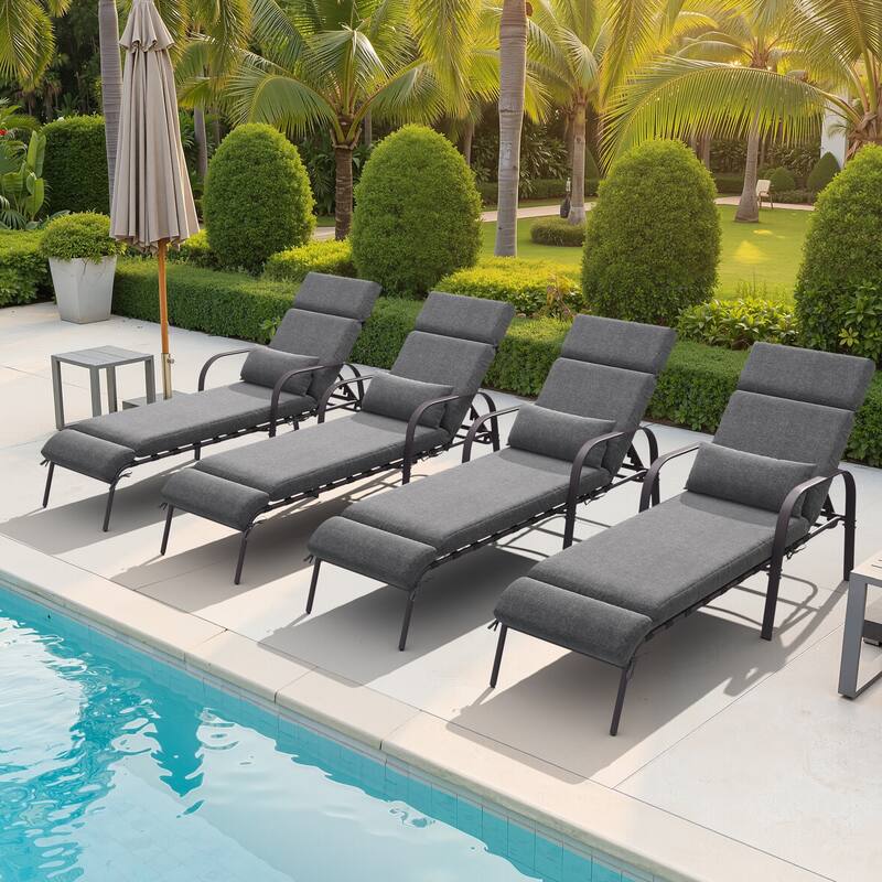 Outdoor Adjustable Patio Chaise Lounge Chair with Cushion Beach Poolside - DarkGrey-4PC