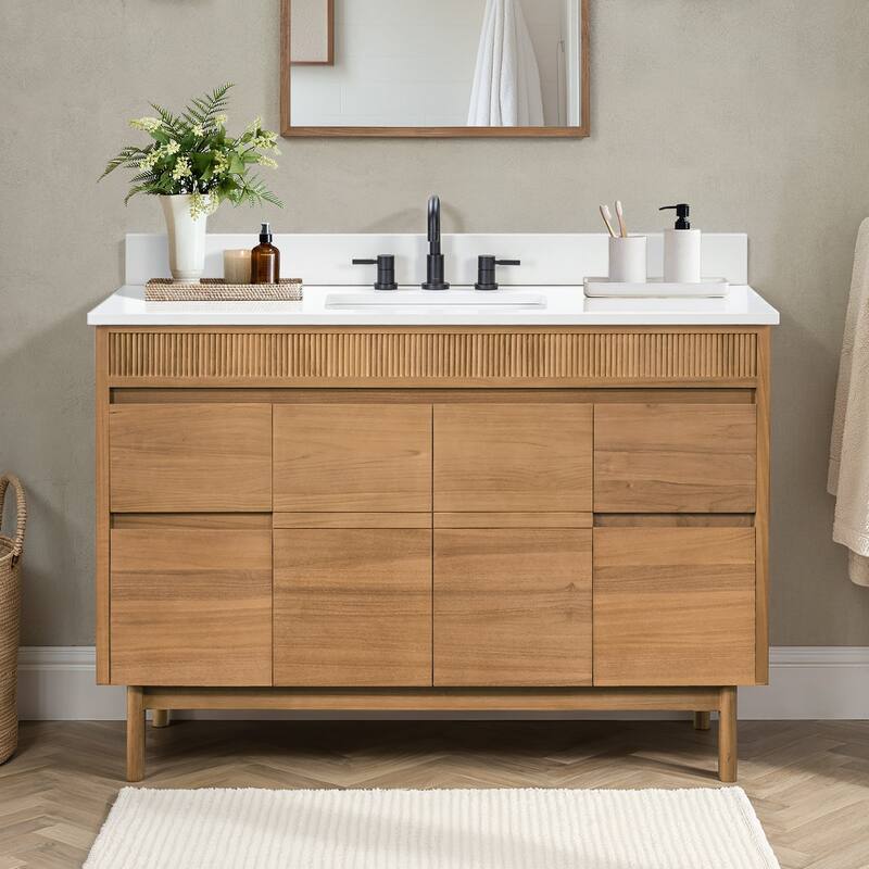 Avanity Kayla Bathroom Vanity in Natural Teak with White Engineered Stone Top - 49" Single Sink