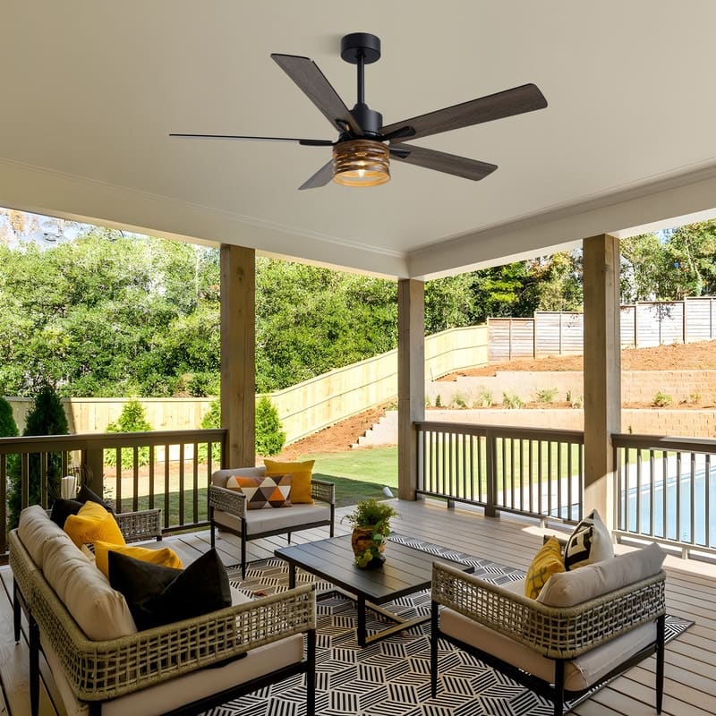 52 Inch Farmhouse Ceiling Fans with Lights and Remote Wood Black Industrial Rustic Caged Ceiling Fan for Bedroom Living Room