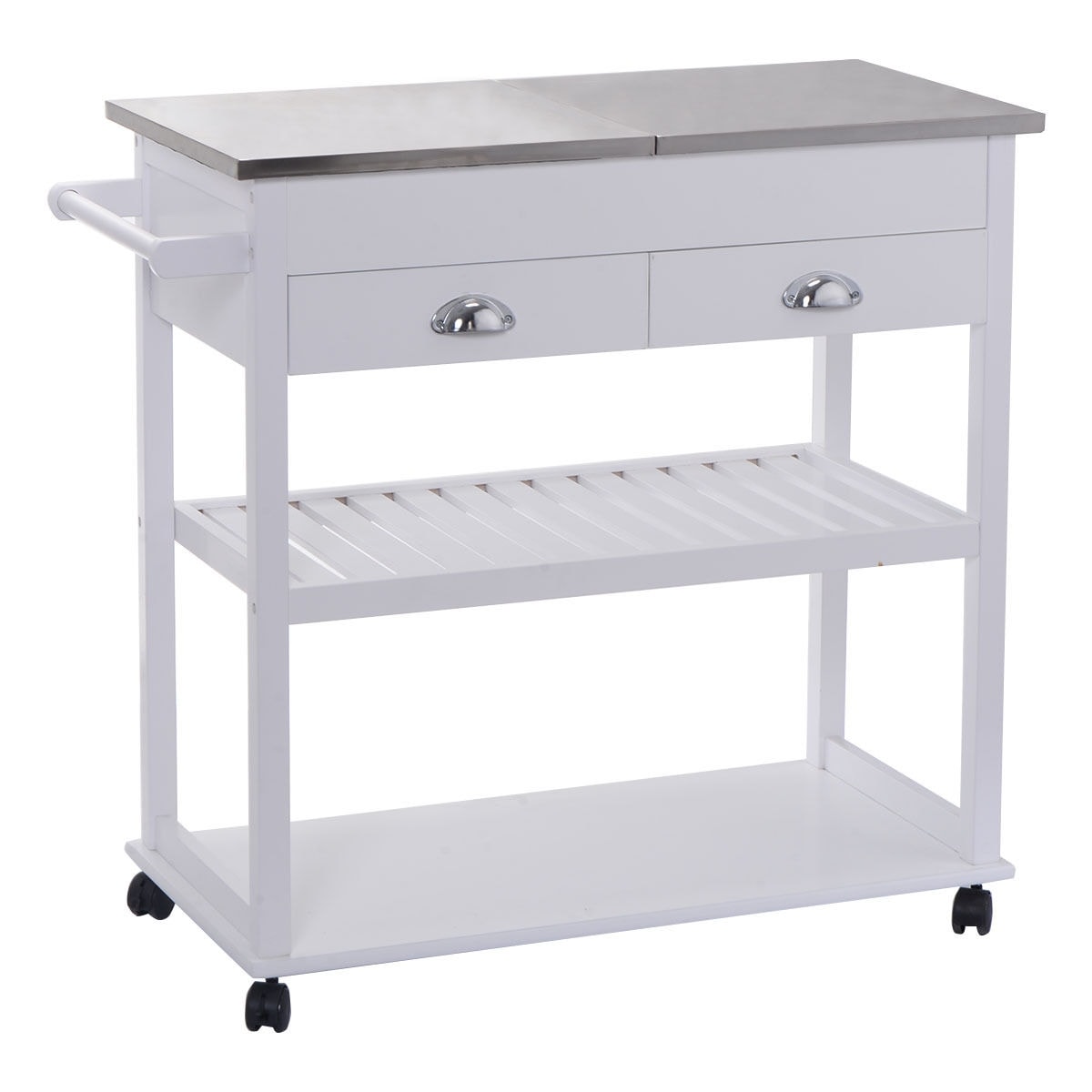 Shop Costway White Rolling Kitchen Trolley Cart Stainless Steel-Flip Rolling Kitchen Cart With Stainless Steel Top
