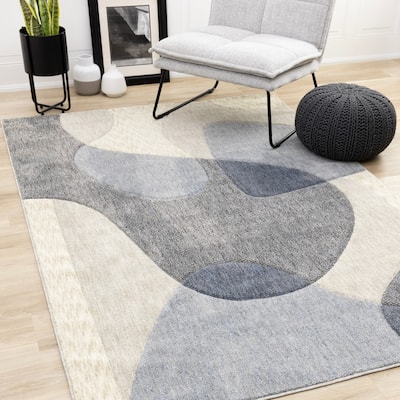 Cara Blue Cream Grey Soft Curves Area Rug, 5'3" x 7'7"