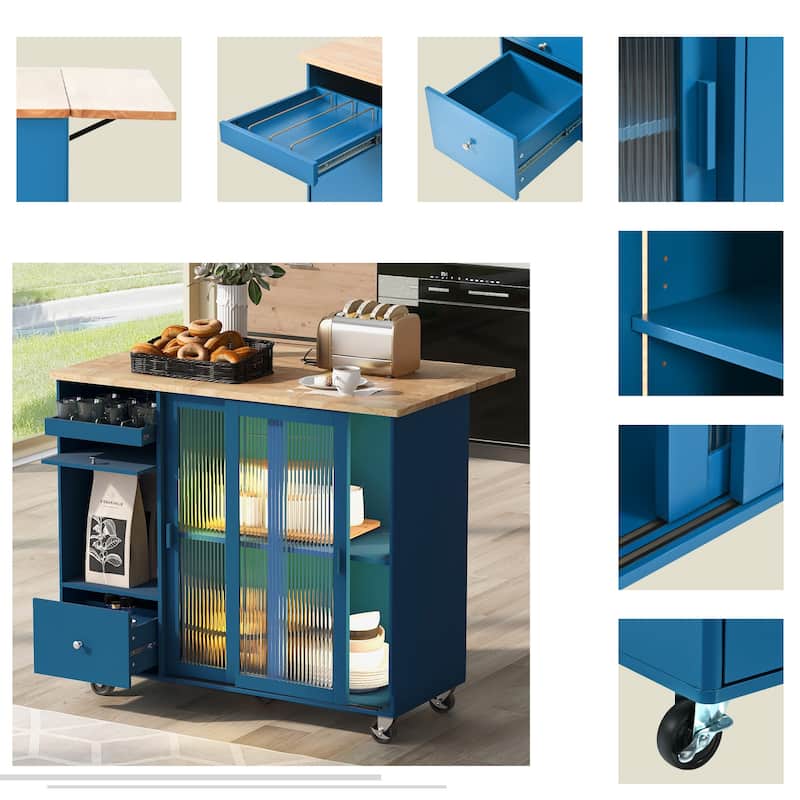 Rubber Wood Top Drop Leaf Kitchen Island w/ LED & Sliding Glass Door