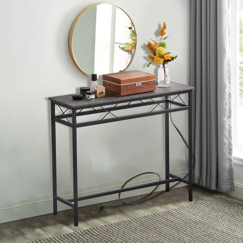 VECELO Industrial Rectangular Wood Console Table with AC Power and USB Charging Ports