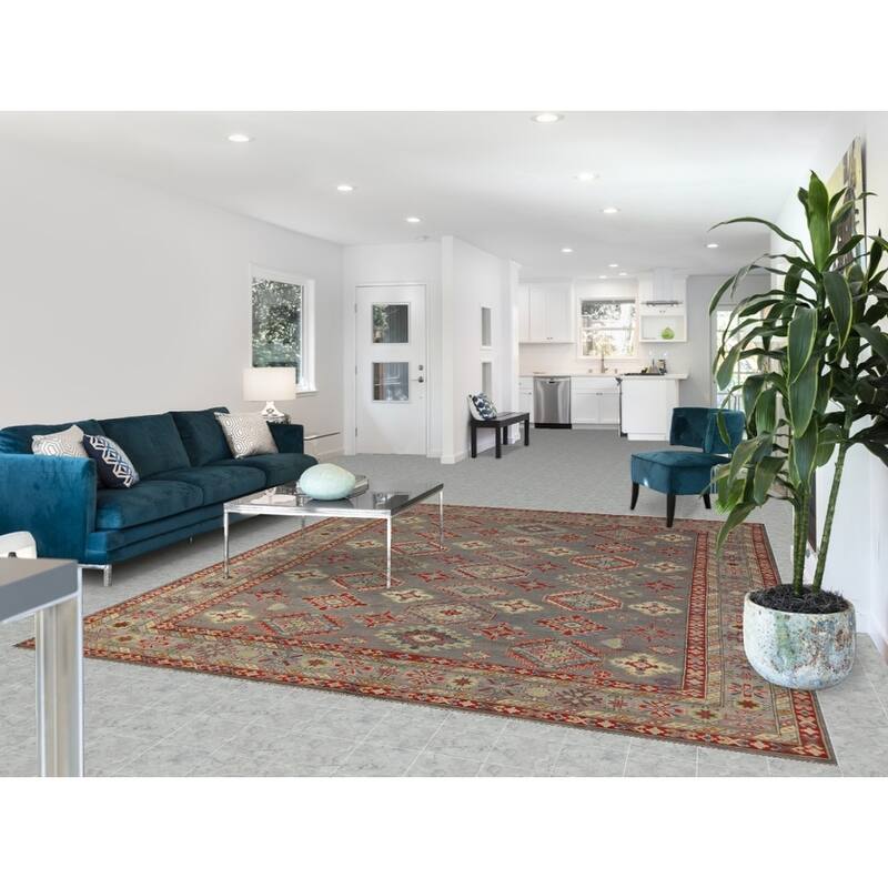 Hand Knotted Oriental 100% Wool Carpet Traditional Geometric Greys & Charcoal Kazak Area Rug - 9' 10'' X 8' 2''