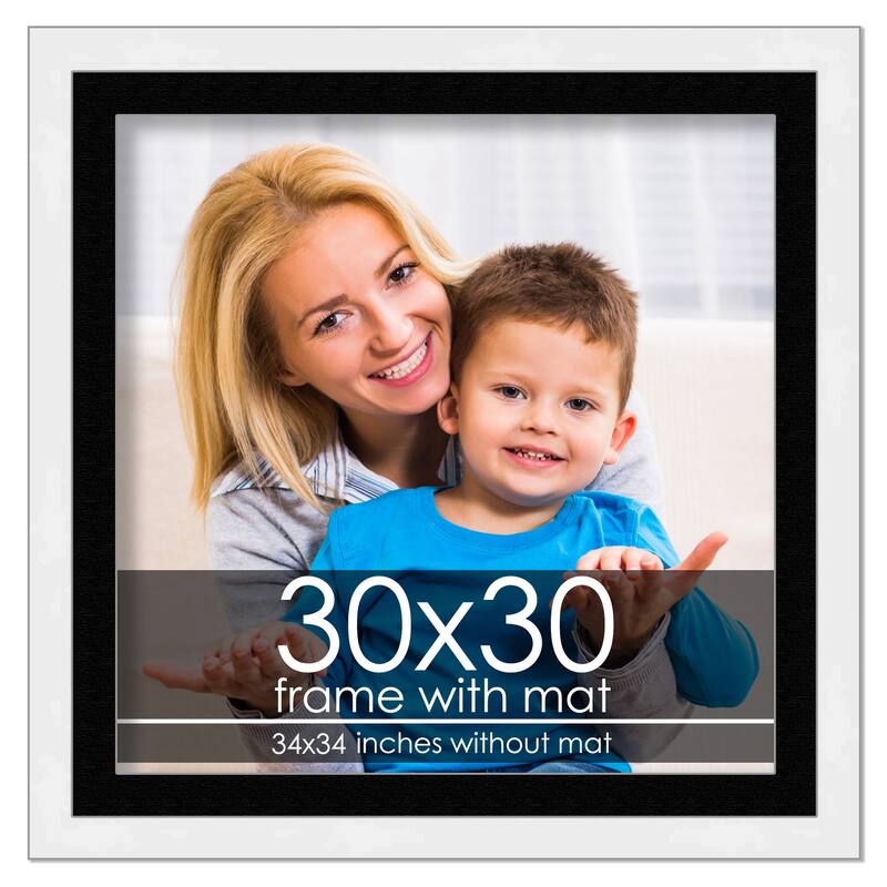 30x30 Frame with Mat - White 34x34 Frame Wood Made to Display Print or Poster Measuring 30 x 30 Inches with Black Photo Mat - White