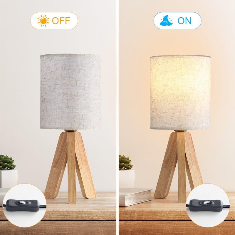 Modern Wood and Linen Table Lamp with Rocker Switch - Natural Wood & Beige Fabric Shade (No Bulb Included)