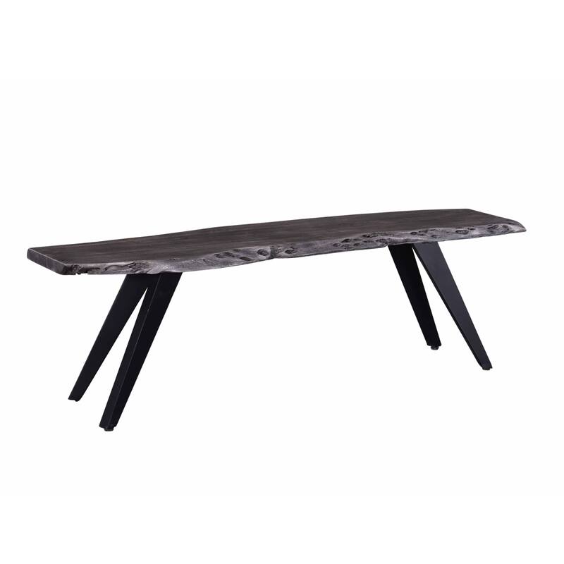 60 Inch Modern Dining Bench, Acacia Wood Table, Live Edge, Iron Legs, Gray, Black