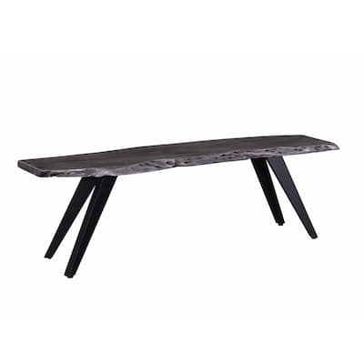60 Inch Modern Dining Bench, Acacia Wood Table, Live Edge, Iron Legs, Gray, Black