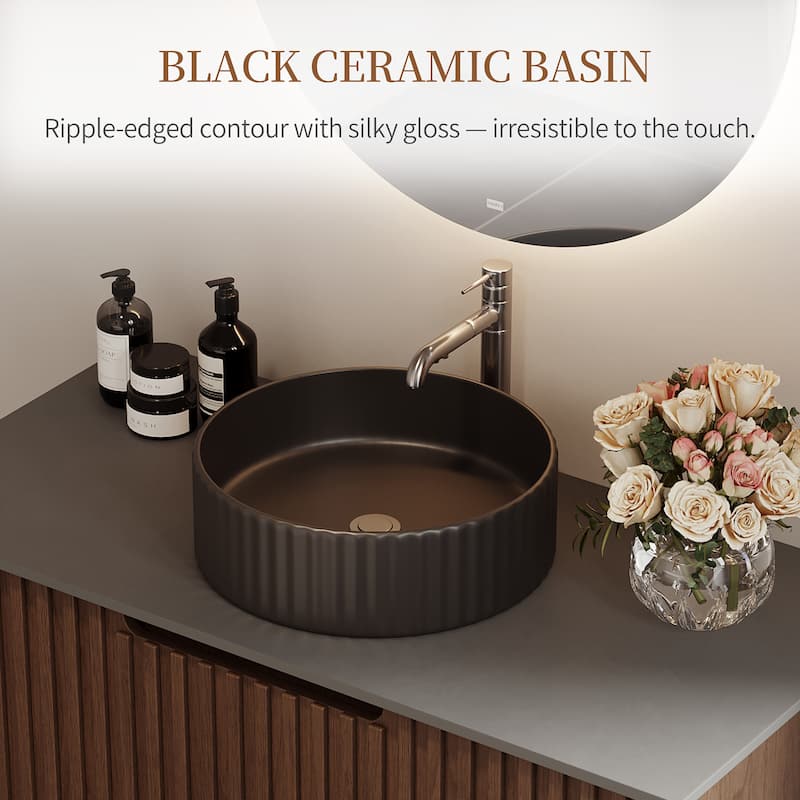 35.43" Floating Single Bathroom Vanities, Solid Wood, Grey Sintered Stone top