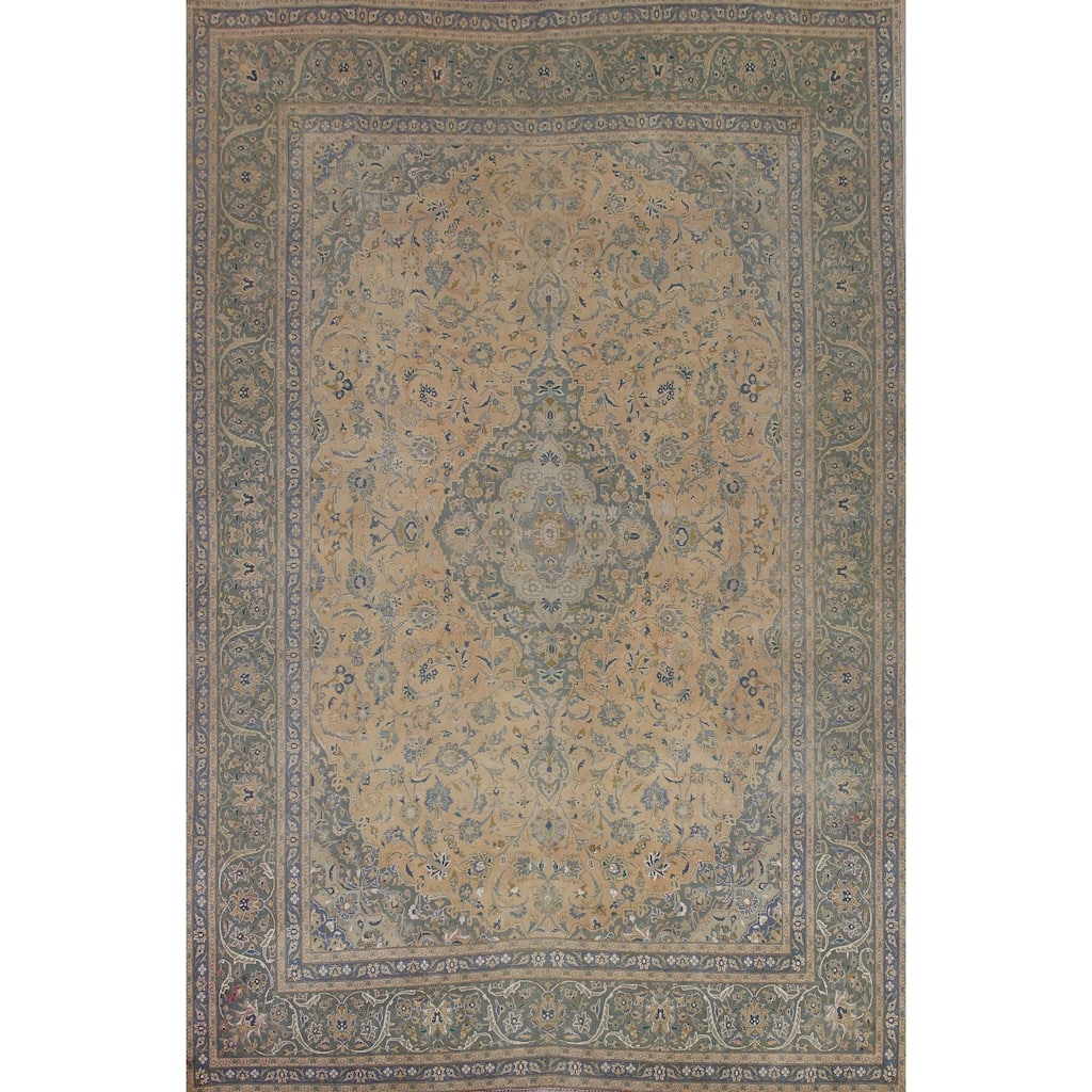 Hand Knotted Oriental 100% Wool Carpet Traditional Floral Peach Kashan Area Rug - 11' 11'' X 9' 7''