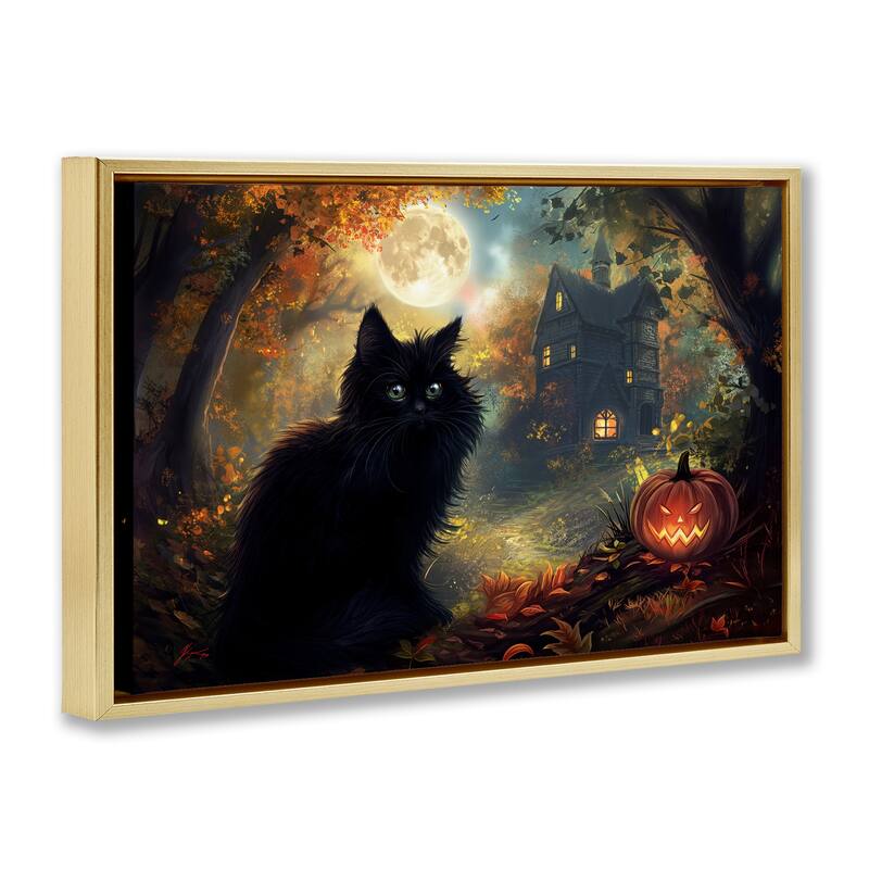 Stupell Black Cat & Haunted Mansion Framed Floater Canvas Wall Art Design By Wumples