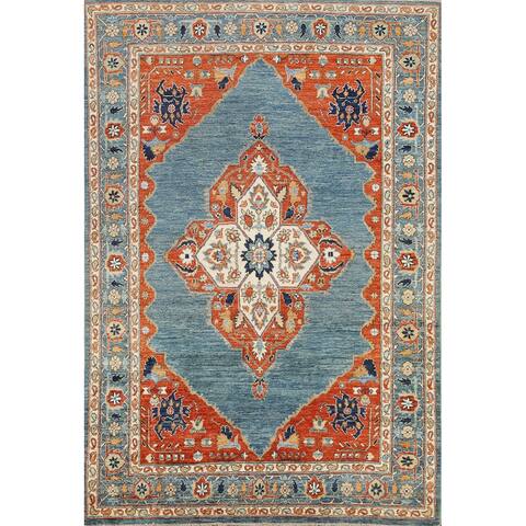 Vegetable Dye Geometric Heriz Serapi Area Rug Hand-knotted Wool Carpet - 4'11" x 6'7"