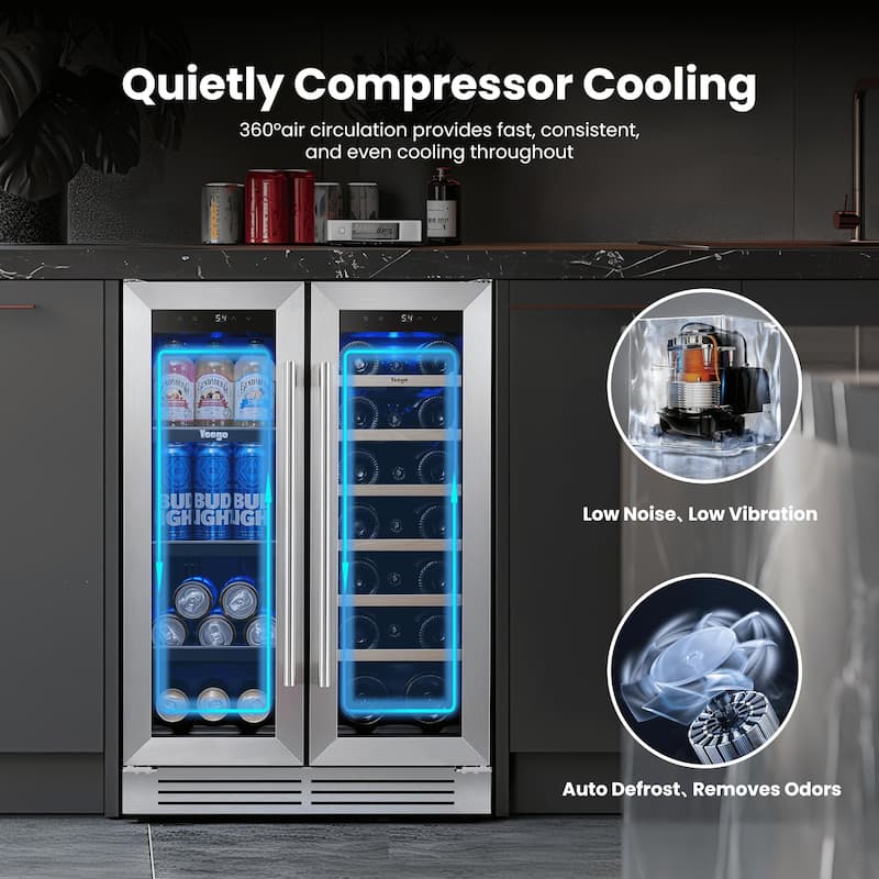 Yeego 23.4 in.20-Bottle Wine and 60 Can Beverage Cooler Dual Zone Refrigerator Under-Counter/Freestanding French Door Fridge