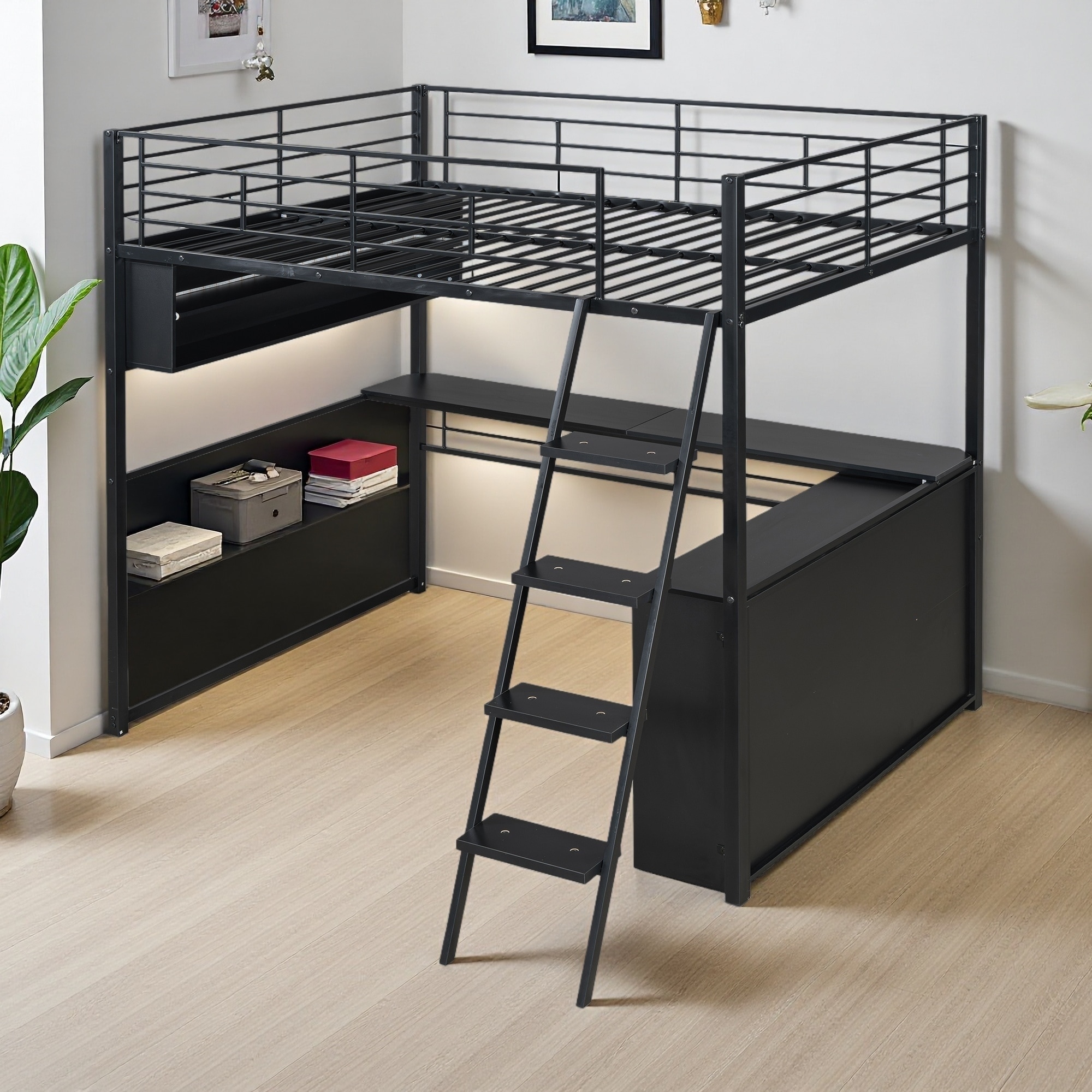 Full Size Metal Loft Bed with LED Desk & 4-Tier Storage (250lb Capacity)