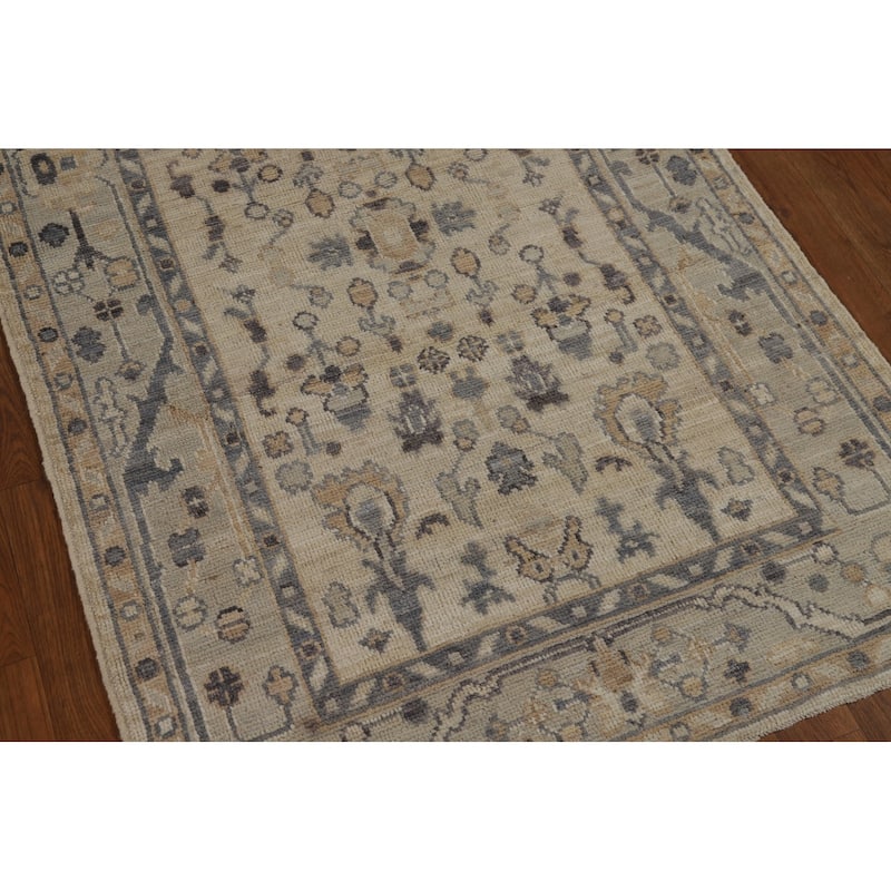 Vegetable Dye Beige Oushak Turkish Runner Rug Hand-Knotted Wool Carpet - 3'2" x 11'10"