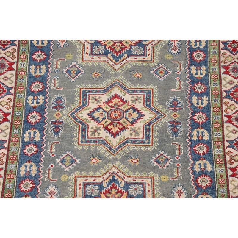 Geometric Kazak Rug Hand-Knotted Grey Wool Carpet - 4'11" x 6'9"