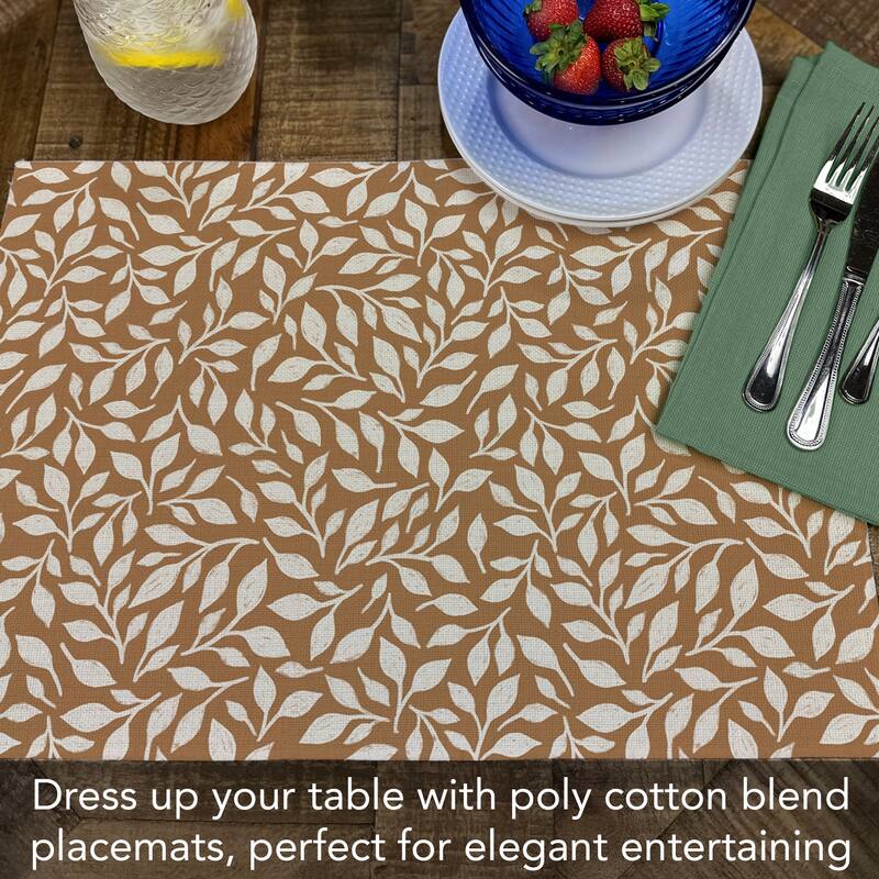 Mocha Leaves 4-Pack Poly-Cotton Blend Placemats Manufactured in The USA Machine Washable Dryer Safe
