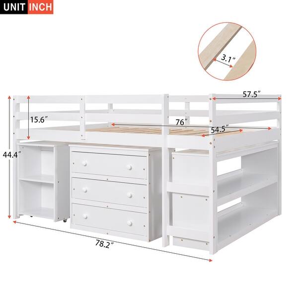 dimension image slide 2 of 8, Multiple Functions Low Loft Bed with Cabinet, Shelves and Rolling Portable Desk
