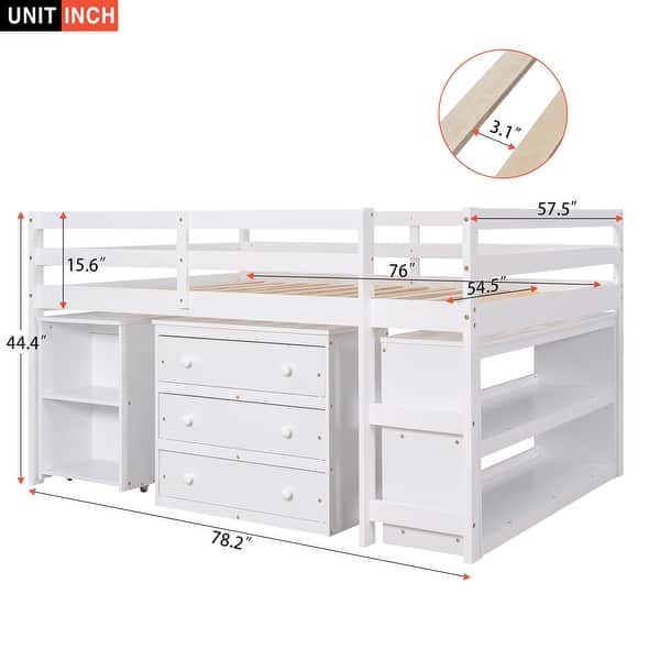dimension image slide 0 of 2, White Pine Wood Multifunctional Loft Bed with Movable Desk, Modular Bookshelf, Chest of Drawers