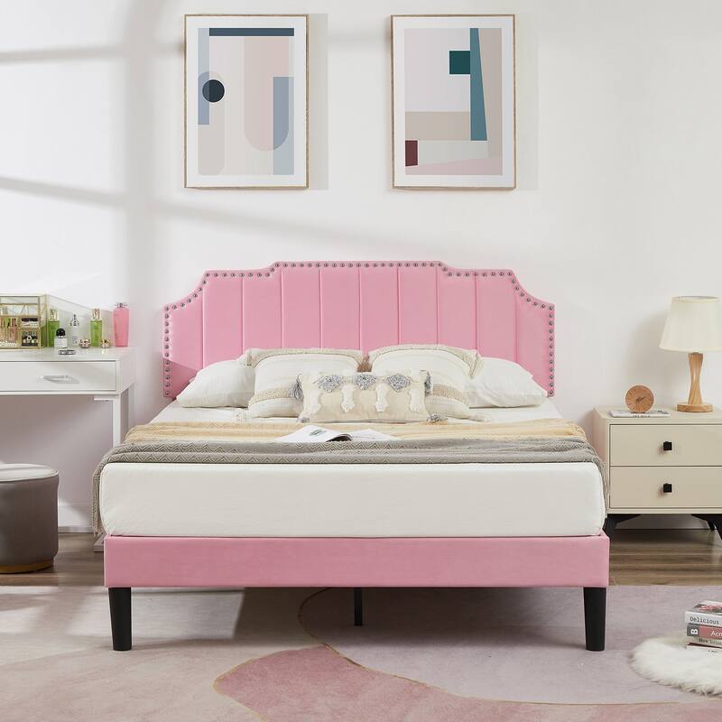 Javlergo Upholstered Platform Bed Frame with Nailhead Trimmed Adjustable Height Headboard, No Box Spring Needed