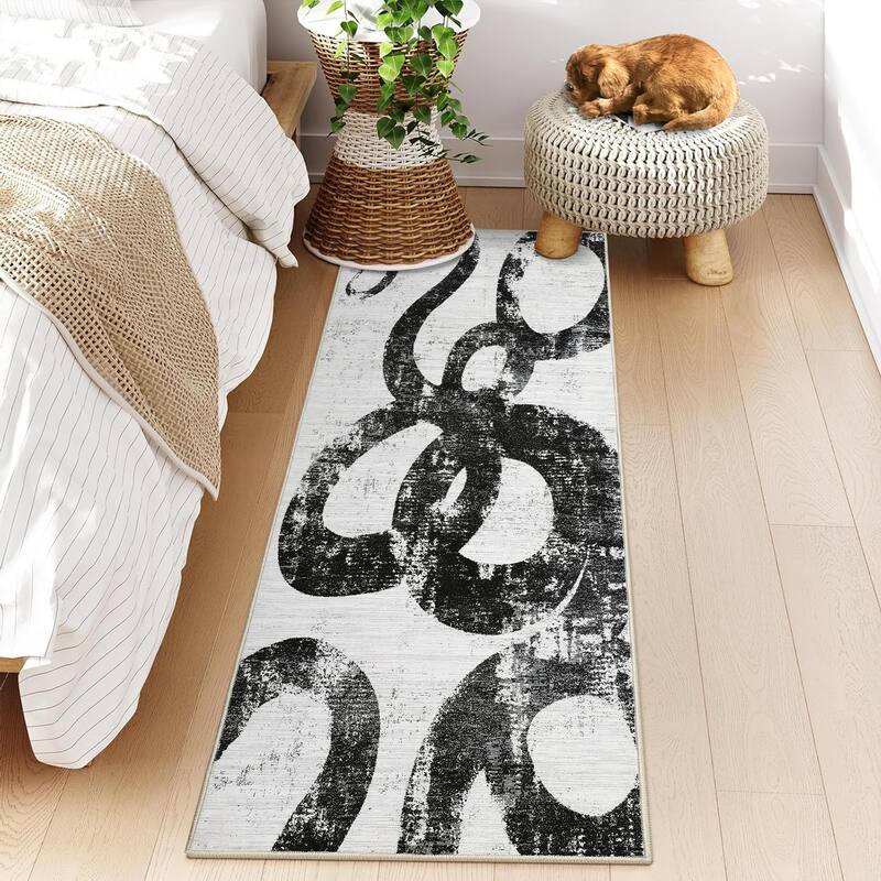 Modern Washable Area Rug Animal Snake Pattern Rug Home Decor Snake Carpet, Low Pile Non Slip Rug - 2'x6' - Black White