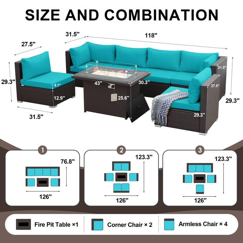FINCATI Outdoor 7-piece Extra Large High Back Patio Furniture Set with Propane Gas Fire Pit Table, Conversation Wicker Couch Set