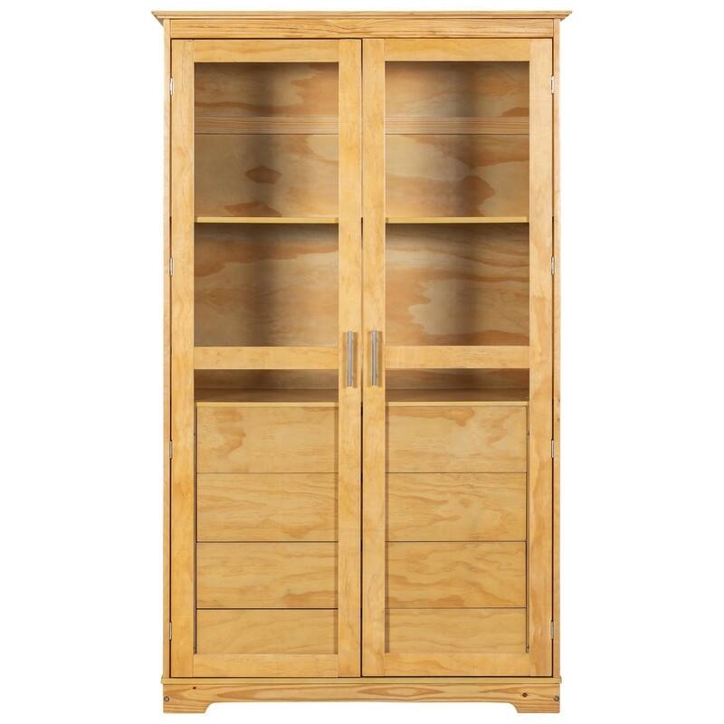 75" Tall Pine Wood Kitchen Pantry Cabinet with Glass Doors Four Drawers and Anti-Tipping Safety Features - Natural