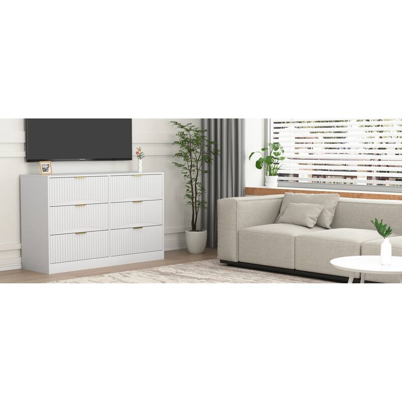 Anmytek White 6 Drawer Dresser Large Storage Cabinet Wavy Pattern Drawer Panel for Bedroom Living Room Hallway Entryway
