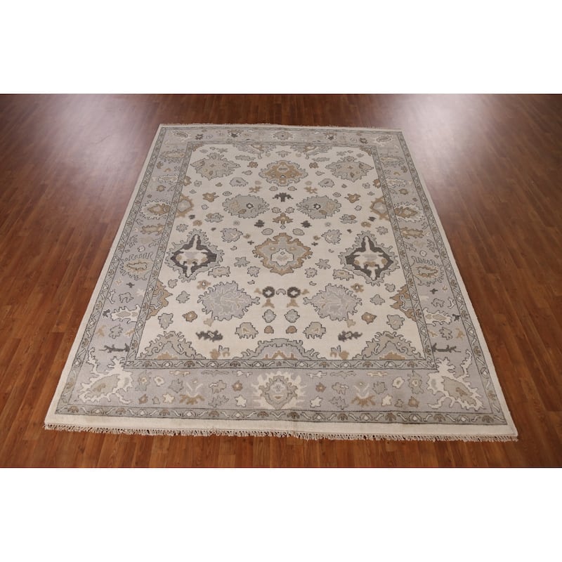 Ivory Oushak Indian Area Rug Hand-Knotted Wool Carpet - 8'1" x 9'11"