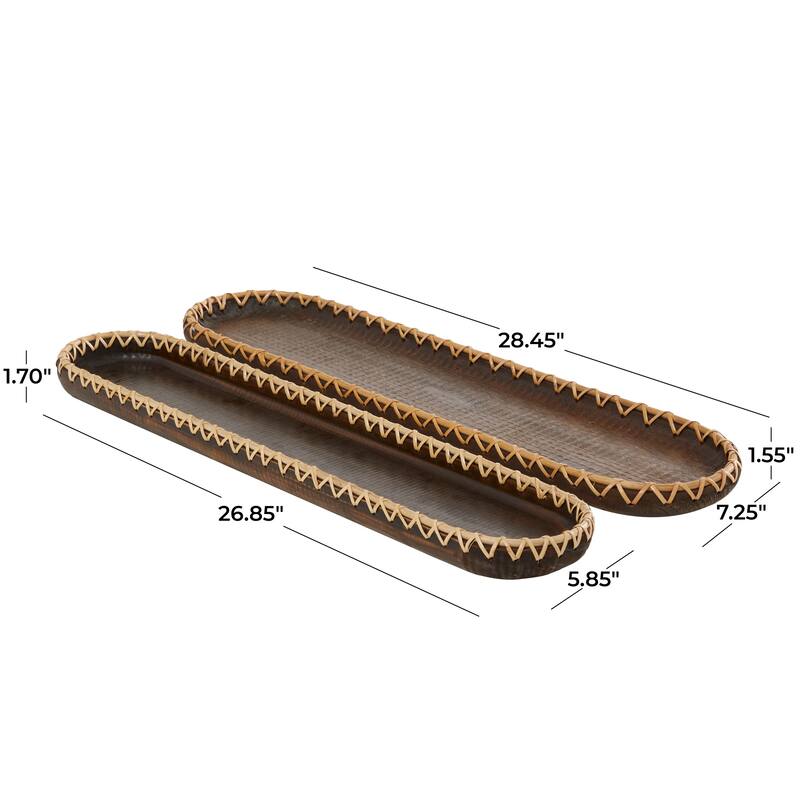 Wood Handmade Nesting Tray with Hand Sewn Seagrass Accents - Set of 2 Dark Brown - Roche River Decor - 7"W x 28"L x 2"H