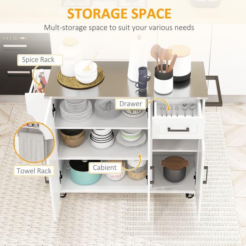 50.5"Kitchen Island Rolling Kitchen Cart on Wheels with Drawer,3 Cabinets,Stainless Steel Countertop,Spice Rack and Towel Rack
