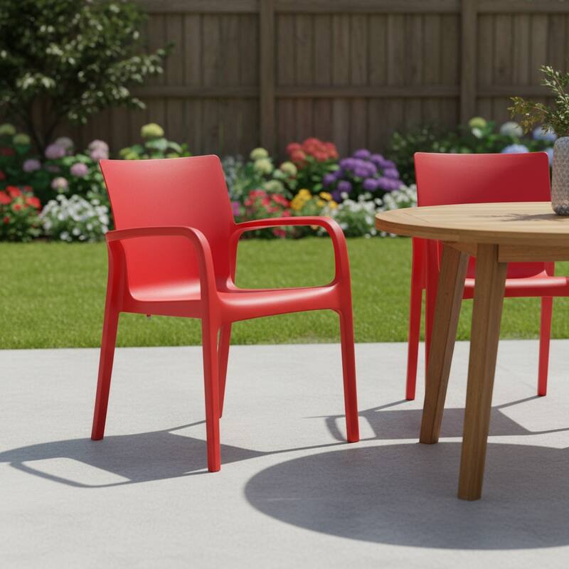 HomeRoots Set of Two Red Heavy Duty Plastic Outdoor Stacking Dining Chairs